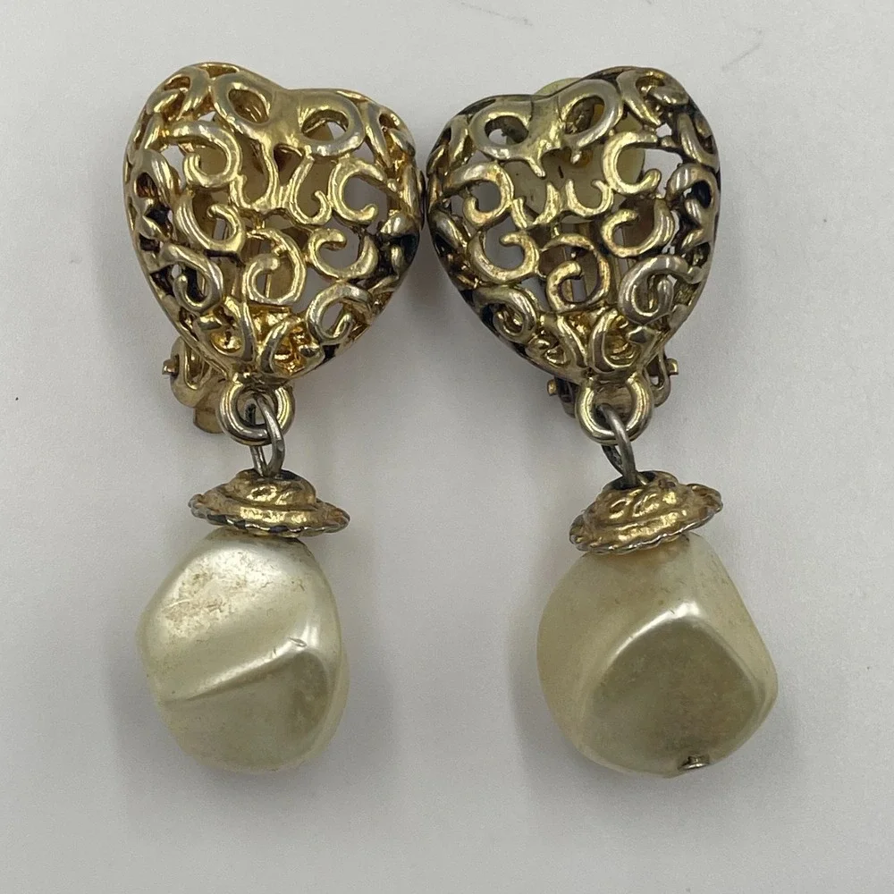 Vintage Estate Clip-On Earring Lot Mixed Style Dangle Faux Pearl Heart 3 Pairs